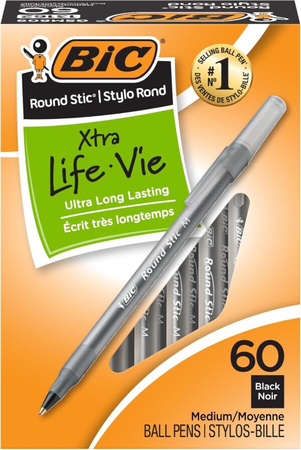 BIC Round Stic Xtra Life Pens – Black (60-Pack)
